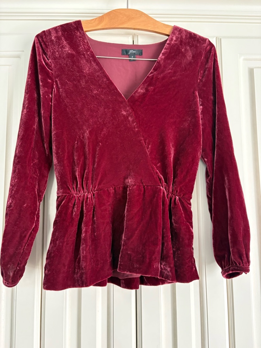 J. Crew Velvet Peplum Wrap Blouse Wine V Neck Size 2